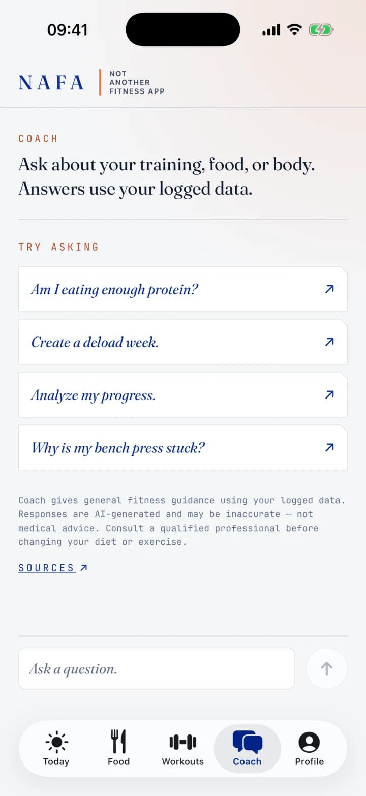 NAFA Coach screen with questions about protein, training and progress