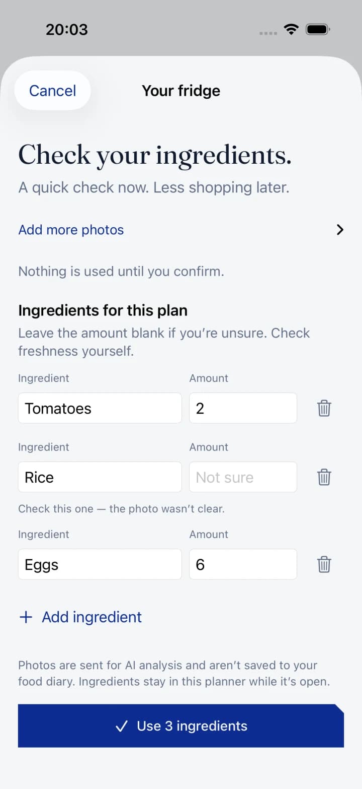 NAFA fridge screen showing ingredients to review before meal planning