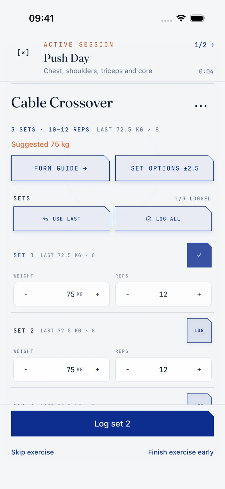 NAFA workout screen with exercise sets and weight logging